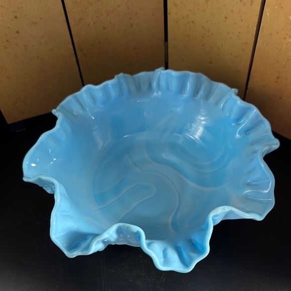 Fenton Other - Vintage Fenton Blue Cabbage Rose Slag Glass  Bowl with Ruffled Edge